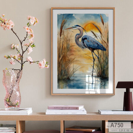 Vente tableau décoratif, peinture Aquarelle oiseau héron bleu & coucher de soleil sur les marais se reflètent sur l'eau, salon & chambres