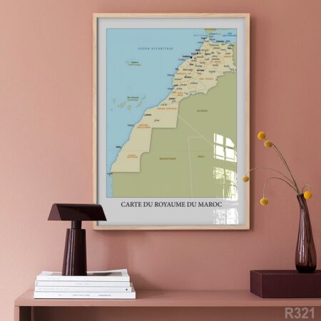Tableau 'Carte du royaume du Maroc' imprimée, Affiche decoration murale, villes et regions marocaines dans cadre sous vitre خريطة المملكة المغربية