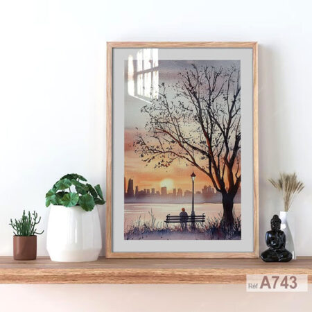 Tableau aquarelle urbain: homme solitaire, coucher de soleil ville de News embrasant l’horizon. York, prix promo - Maroc