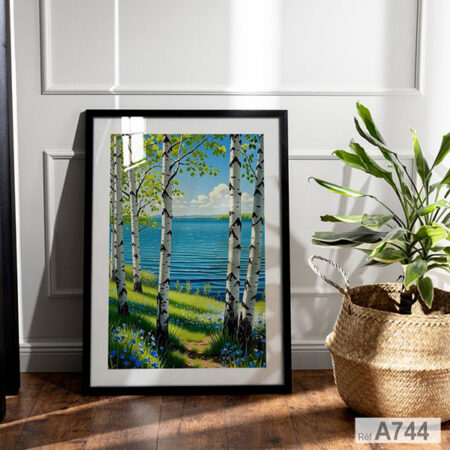 Tableau décoratif artistique : Paysage de bouleaux au bord de l'eau & Un ciel bleu, nature le printemps, vente au Maroc - Casablanca لوحة منظر طبيعي