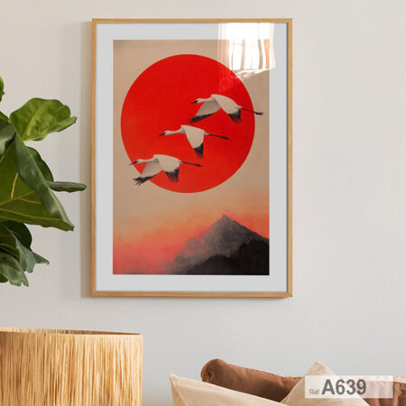 Tableau décoratif style Japonais: oiseaux Grues Volantes & Soleil levant - Ciel Rouge, Art mural au Maroc
