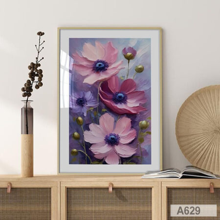 Vente ne ligne : Tableau Peinture Fleurs Roses et Violettes - Peinture Florale Encadrée pour chambre à coucher romantique