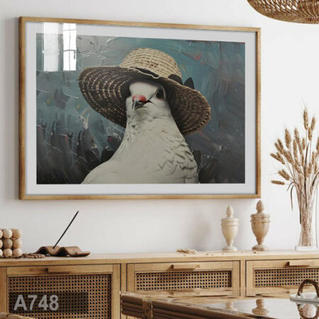 Tableau artistique - décoratif - Nuances de gris et droit : peinture oiseau pigeon blanc & chapeau de paille - vente au Maroc
