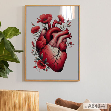 Vente au Maroc, Tableau Décoratif artistique : Cœur Anatomique et Fleurs Éclatantes - Florale Médicale rouge