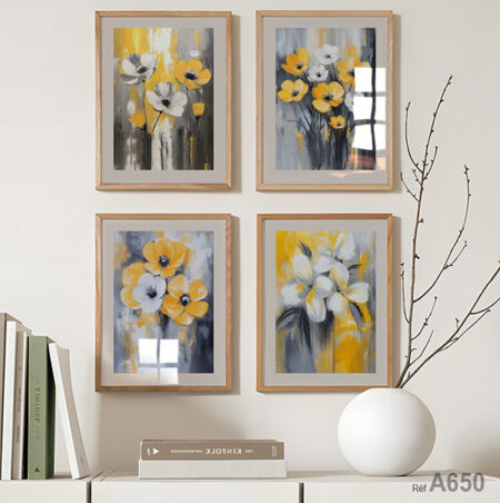 Quatre tableaux de fleurs jaunes et grises en aquarelle moderne, aux couleurs vibrantes, idéals pour un intérieur contemporain au Maroc