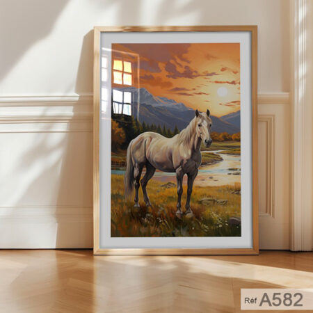 Décoration Murale Chambre ou Salon : Peinture Cheval Blanc dans un Paysage Montagne & et Coucher de Soleil & Nature