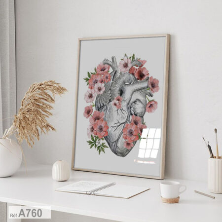 Tableau encadré : cœur humain anatomique & fleurs roses, décor cabinet medical - Médecin cariologies , acheter en ligne au Maroc