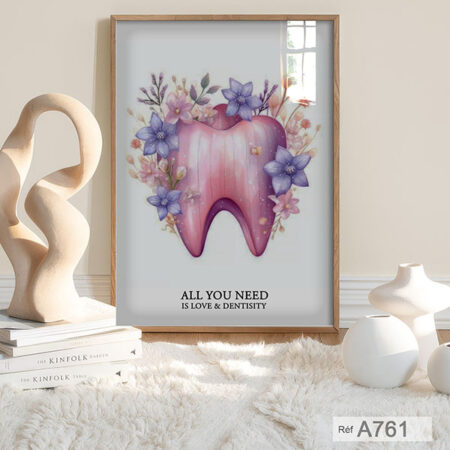 Tableau encadré : Affiche dentaire artistique, dent rose et fleurs pastel - décor cabinet dentiste au Maroc avec l'art floral.