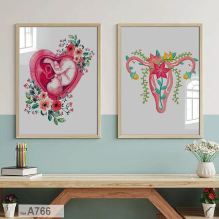 Affiche encadré de Bébé fœtus dans l'utérus floral en cœur en fleurs, tableau décoratif cabinet & salle d'attente médecin gynécologue