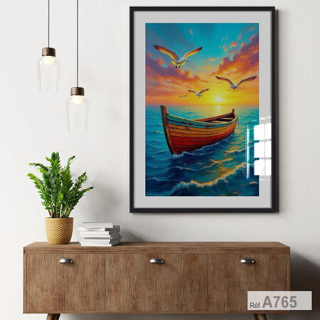 Vente Tableau encadré : barque en bois colorée bateau sur l'océan au coucher de soleil sur mer - décor maison et chambre au Maroc à prix bas