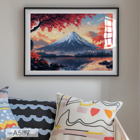 Tableau encadré : Mont Fuji Japan bord d'un lac en automne, decoration murale paysage & nature, vente au Maroc depuis Casablanca