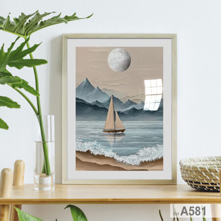 Tableau décoratif salon et chambre : Voilier au Clair de Lune et paysage montagneux, Peinture maritime romantique لوحة أمواج البحر