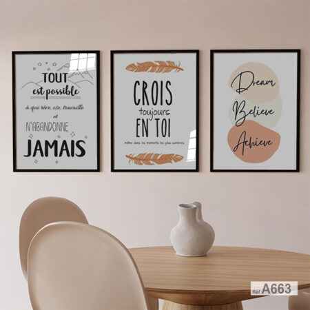 Trois Tableaux encadrés, cadres décoratifs avec Messages & citations Positifs pour Maison & Bureau de travail Casablanca et tout le Maroc