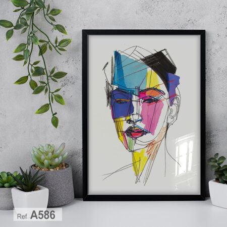 Portrait féminine : visage coloré femme mode & fashion, tableau décoratif salle d'attente & chambres - dessin en lignes abstraites