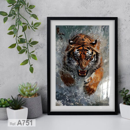 Tableau Déco Maroc: Peinture Animal tigre dans l'eau regard intense et nature sauvage, encadre en bois et vitre لوحة رسم نمر