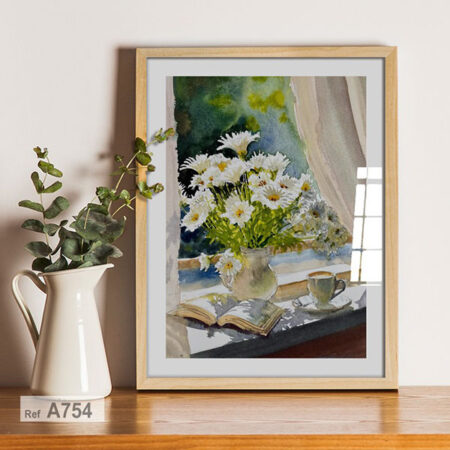 Tableau peinture Aquarelle, fleurs marguerites & café à la fenêtre Romantique au Maroc لوحة زهور على النافذة