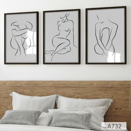 Trois Tableaux Triptyques de Corps de Femmes Nus Modernes, Art Minimaliste Ligne Noire simple au Maroc