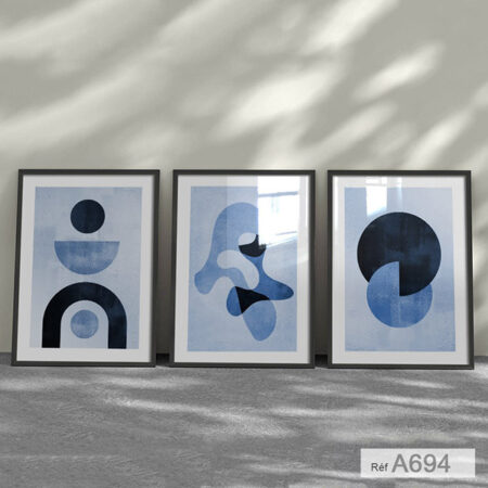 Art moderne : Lot de 3 panneaux Motifs géométriques bleus, Tableau Décoration murale Maroc لوحات ديكور حديث باللون الأزرق