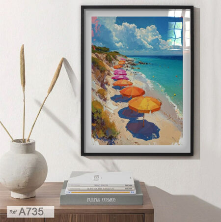 Tableaux décoratif maison : Plage ensoleillée avec parasols colorés, Toile ambiance vacances tropicale - vente en ligne prix pas cher لوحة أمواج البحر