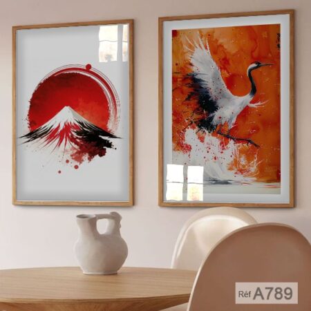 Deux Affiches Art Japonaise : Mont Fuji sous un soleil rougeoyant & oiseau grue blanche - Tableau décoratif nature encadré au Maroc