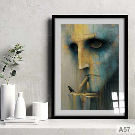Portrait Abstrait : visage humain Mystérieux & Oiseau Corbeau, Tableau décoratif mural encadré au Maroc, Tête Pensante aux nuances de bleu et d'or.
