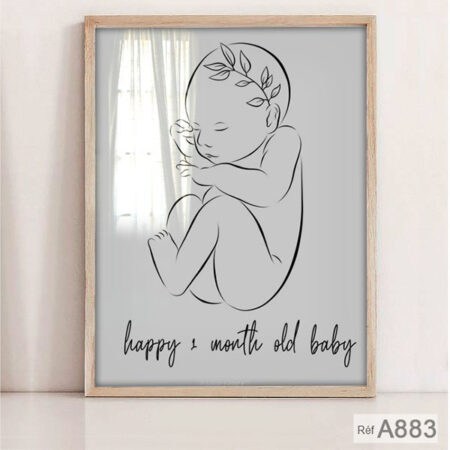 Dessin de bébé endormi position fœtale simpliste, tableau décor cabinet sage-femme & gynécologues au Maroc, cadre vitré au Maroc depuis rabat