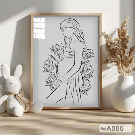 Dessin belle femme enceinte et fleurs, tableau décoration cabinet de sage-femme et gynécologues à Casablanca - Maroc