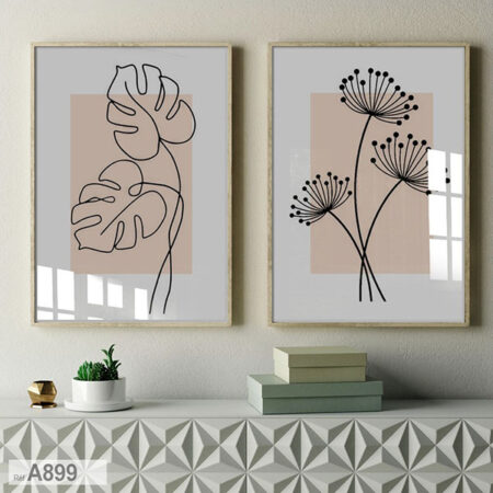 Deux Tableaux décoratifs fleurs a feuilles | Déco Murale Moderne chambre & salon Maroc - inspirés de la Monstera et de motifs botaniques