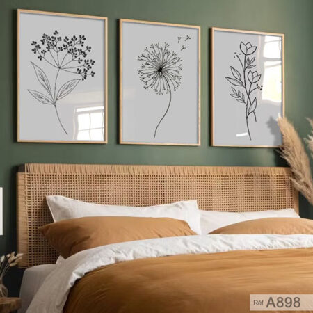3 panneaux tête de lit : Tableaux Décoratifs chambre à coucher | Art Mural Botanique fleurs Minimalistes au Maroc