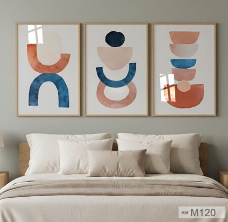 3 Tableaux minimalistes géométriques moderne, avec cadre en bois, décoration chambre à coucher et salon au Maroc : bleu, beige & rose