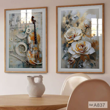 Tableaux encadrés: Décoration murale élégante chambre et séjours : moderne musical & floral, rose ocre et beige, vente au Maroc depuis casablanca