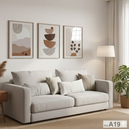 Trois Tableaux cadre bois déco séjours style bohème moderne et romantique simple au Maroc ثلاث لوحات ديكور حائطية المغرب