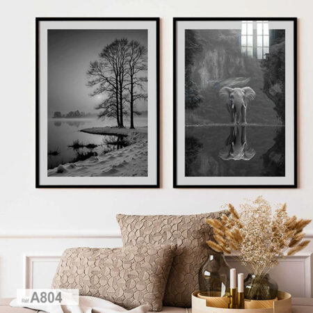 Tableau décoratif apaisant chambre et bureau, Art Mural Noir & Blanc : Paysages forêt & Éléphant s, imprimés et encadrés au Maroc depuis Casablanca