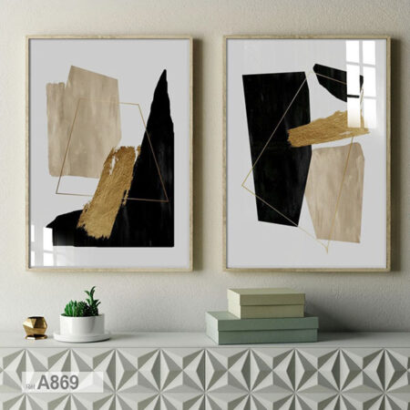 Deux tableaux décoratifs abstrait noir et dorés: Géométriques modernes minimalistes décor salon & bureau