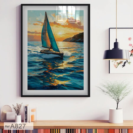 Bateaux et lumière de soleil, mer, et paysage marins abstrait Tableau mural moderne style peinture à l'huile : décoration salon, chambre, livraison au Maroc depuis Casablanca لوحة أمواج رسم