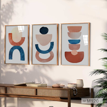 Trois tableaux avec cadre minimalistes abstrait, formes géométriques simples, decoration murale chambre & bureau au Maroc, terracotta, bleu profond et beige rosé