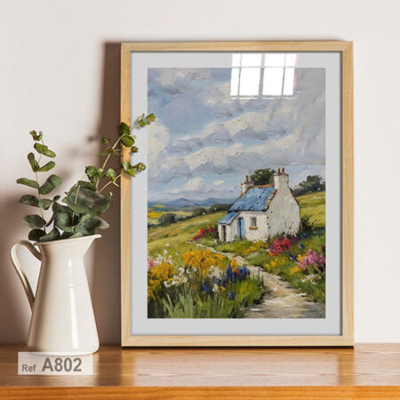 Tableau Paysage & nature : Peinture à l'Huile Cottage Blanc – Décoration Murale Champêtre et Cottagecore, encadré au Maroc depuis Casablanca