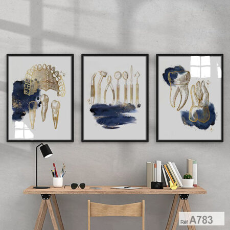 vendu au Maroc : 3 Tableaux cadre noir Décoration Murale Dentaire aquarelle , abstrait, cabinet dentiste