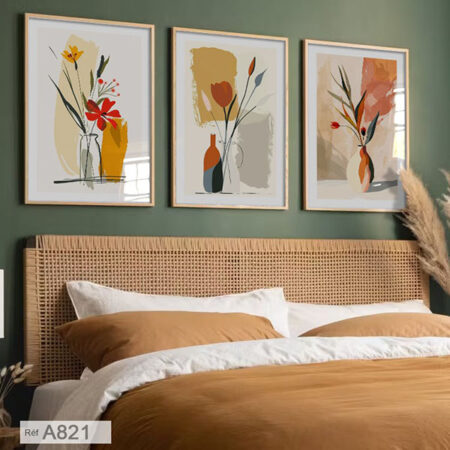 Tableaux déco chambre& salon - Triptyque floral abstrait bohème chic couleurs terreuses rouge & orange, vendu au Maroc depuis Casablanca