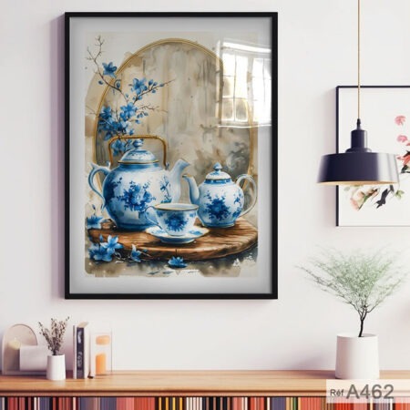 Tableau de Cuisine & salle à manger et Séjour - Service Thé Bleu Porcelaine - Cadre sous Verre - Livraison Partout au Maroc, Cadre sous Verre- Stock à Casablanca