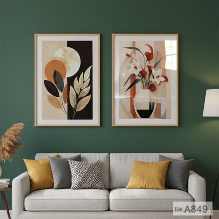Tableaux décoratifs au motif végétal et bouquets floraux, chambre ou le séjour. Décoration murale aux nuances chaudes, avec livraison rapide partout au Maroc depuis Casablanca