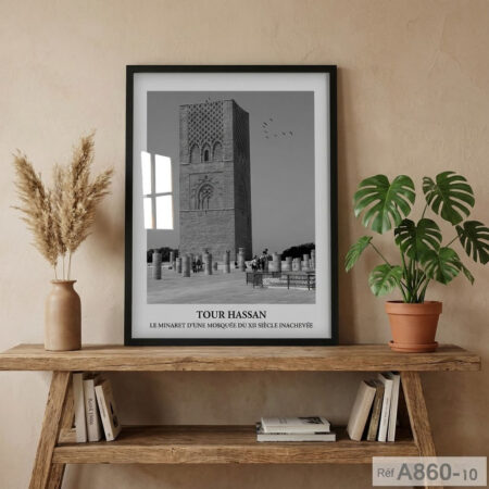 commander en ligne, Tableau décoratif: Poster Tour Hassan à Rabat, monument historique au Maroc - Photo Noir et blanc avec cadre sous verre