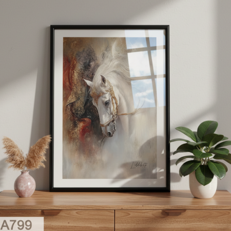 Tableau décoratif cheval Arabe, encadré sous verre pour salon et chambre ou séjour chic au Maroc - livraison rapide et sécurisée depuis Casablanca