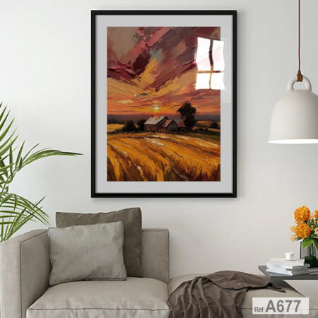 Tableau décoratifs mural : Impressionniste Champ de Blé au Coucher du Soleil, Décoration Paysage Rural Doré et Moissons