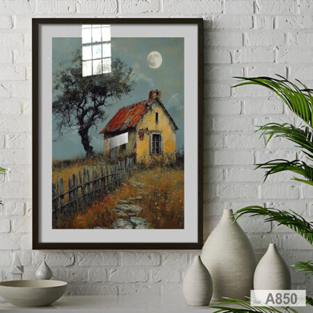 Tableau décoratif avec cadre : Paysage Nocturne et Maison de Campagne Ancienne & Lune, Décoration Murale Impressionniste - Nostalgique et Lune calme & poétique au Maroc