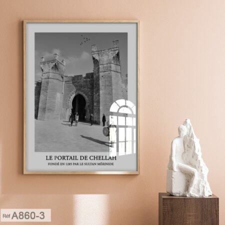 Tableau décoratif encadré: Poster portail de Chellah à Rabat, monument historique du Maroc - Noir et blanc صورة أبيض وأسود بوابة شالة في الرباط، معلم تاريخي في المغرب