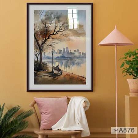 Tableau Aquarelle – Scène Contemplative au Bord de l’Eau à New York, décoration chambres ou Sejours, aux tons bruns et gris-bleus du paysage, vendu depuis Casablanca Maroc