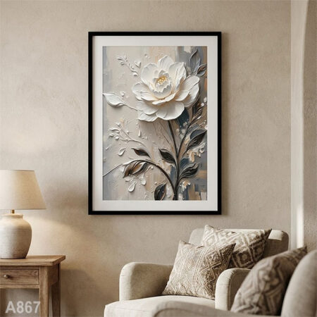 Tableau Décoration Salon et Chambre au Maroc, gris-bleu et beige, Fleur Blanche 3D en Relief