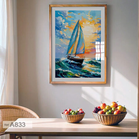 Tableau décoratif Voilier en Mer & Vagues Colorées - Peinture Marine Moderne Coucher de Soleil, Déco salle à manger & Bureau - bleu profond de l'océan et les nuances dorées du ciel, livraison au Maroc