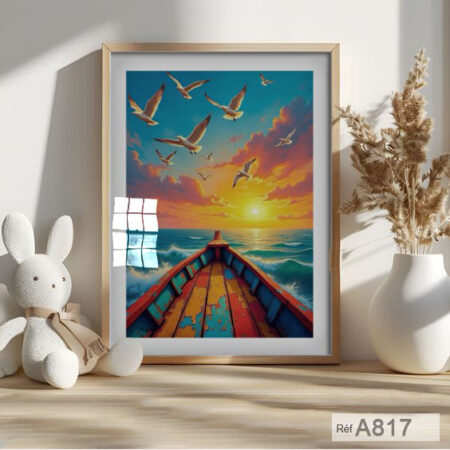 Paysage marin des oiseaux mouette & barques en bois, Tableau Décoratif Bord de Mer salon et chambre à coucher, Vente au Maroc & livraison sécurisée depuis Casablanca